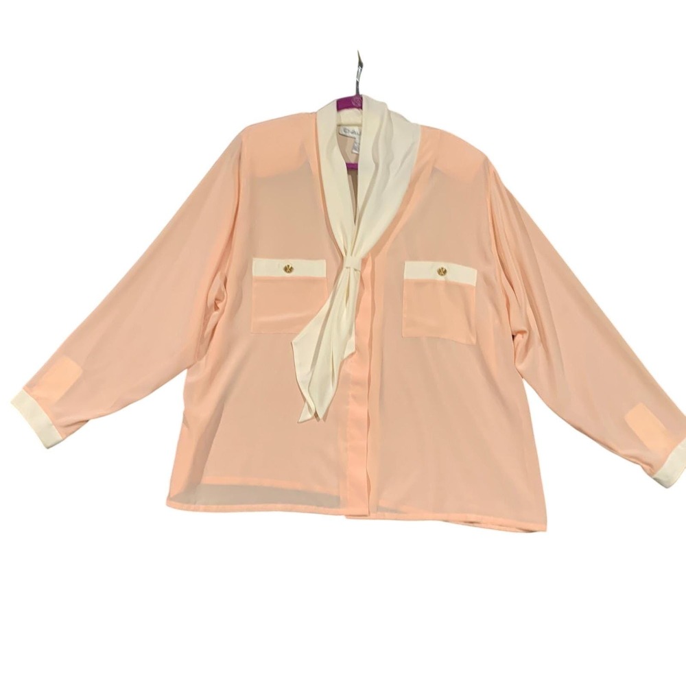 VTG Chaus Woman Peach Tie Neck Blouse LS Sheer Feminine Button Front Sz 42 Korea